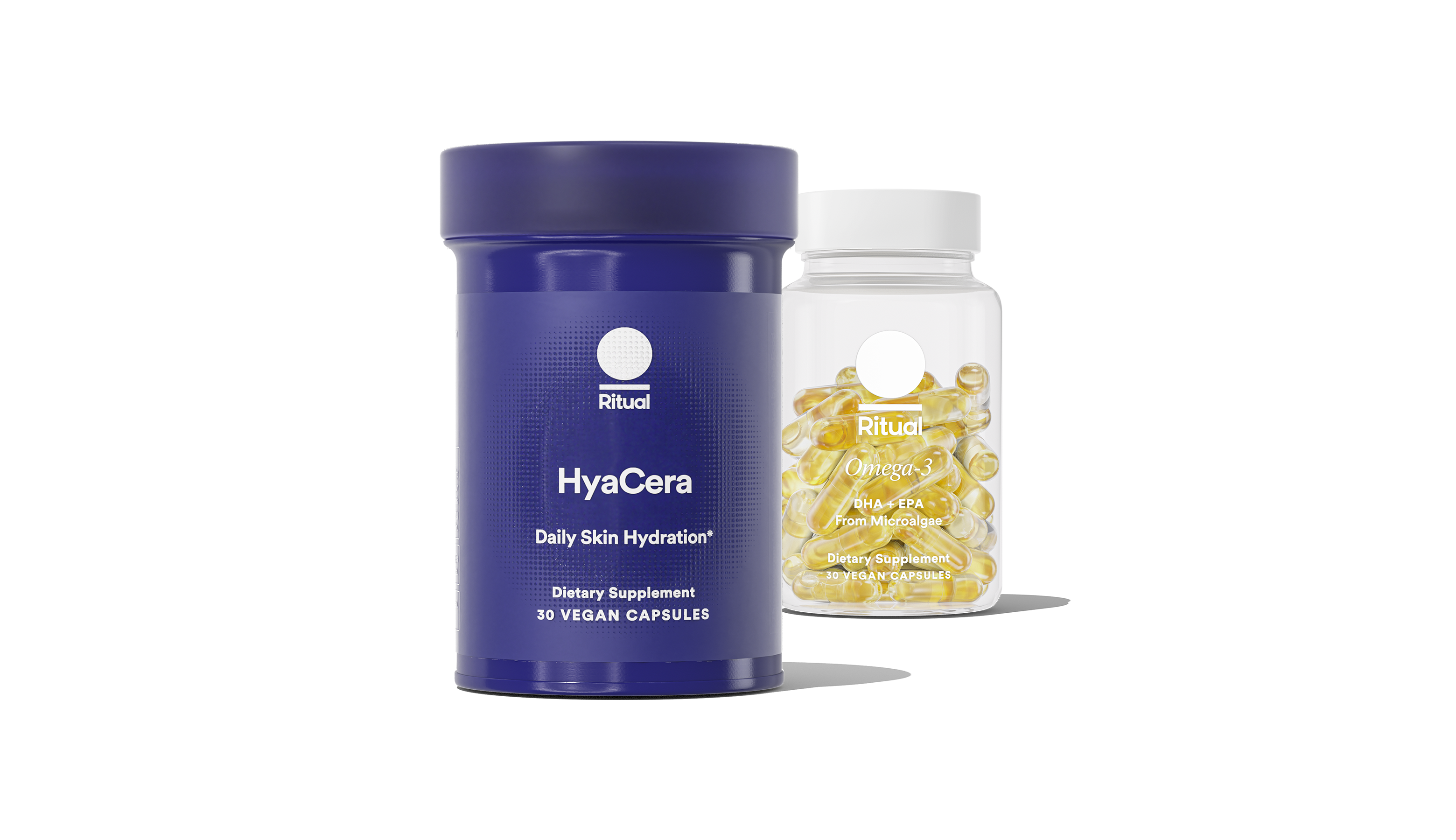 Bottles of HyaCera™&nbsp;and Omega-3 DHA & EPA on a transparent background. 