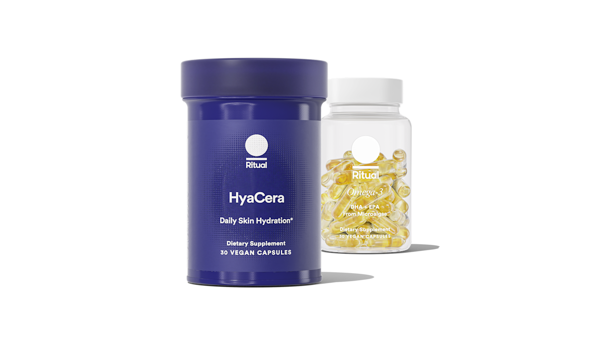 Bottles of HyaCera™ and Omega-3 DHA & EPA on a transparent background.