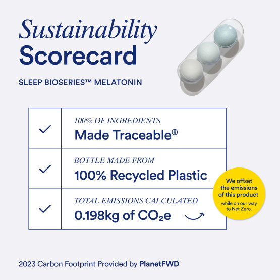 Sustainability scorecard listing the ingredient traceability, packaging sustainability, and carbon footprint for Ritual BioSeries™ Melatonin.