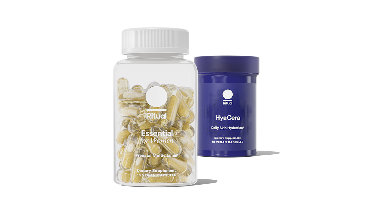 Bottle of Essential Prenatal and bottle of HyaCera™ on a transparent background.