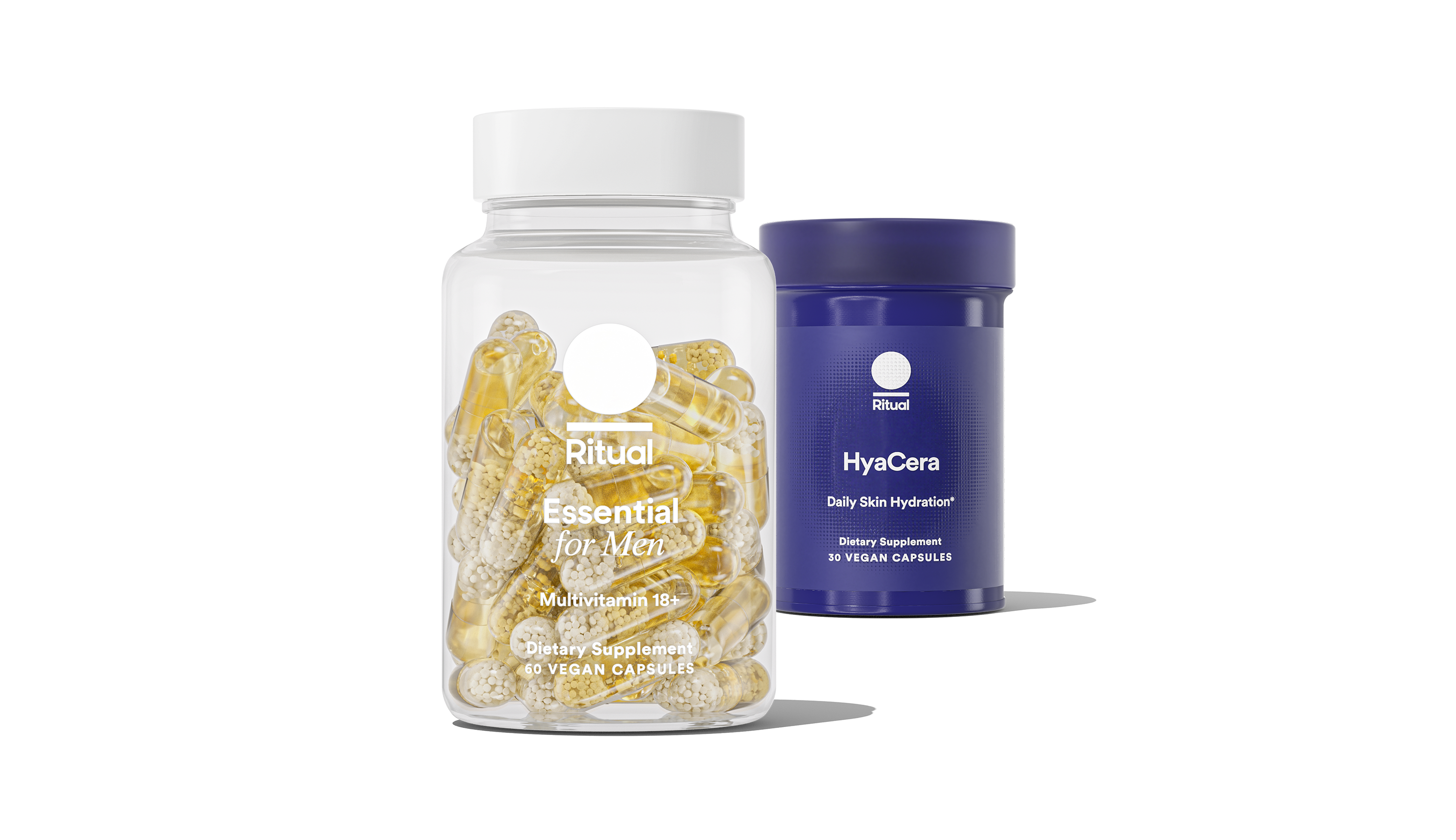 Bottles of Essential for Men 18+ and HyaCera™ on a transparent background. 