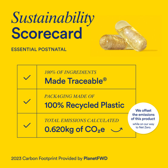 Sustainability scorecard listing the ingredient traceability, packaging sustainability, and carbon footprint for Ritual Essential Postnatal