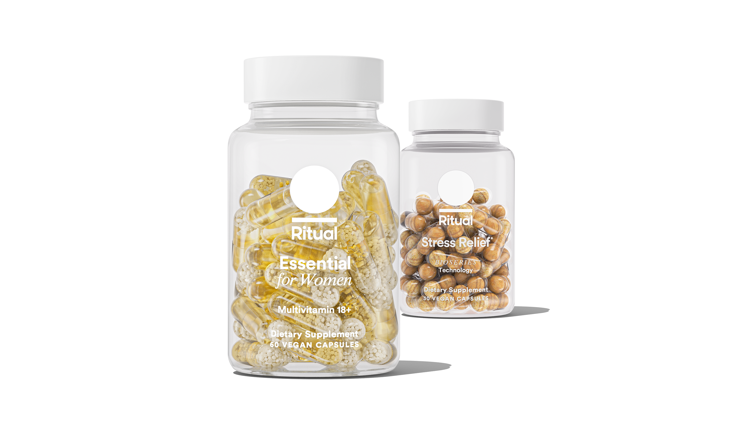 Bottles of Essential for Women 18+ and Stress Relief on a transparent background. 