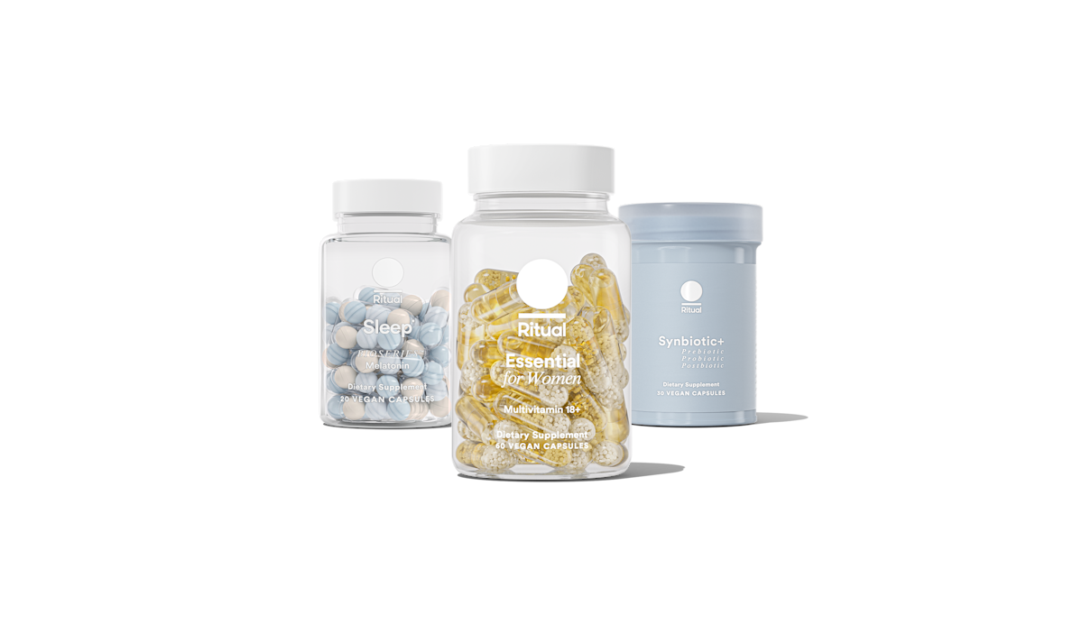 Bottles of Essential for Women 18+, BioSeries™ Melatonin, and Synbiotic+ on a transparent background.