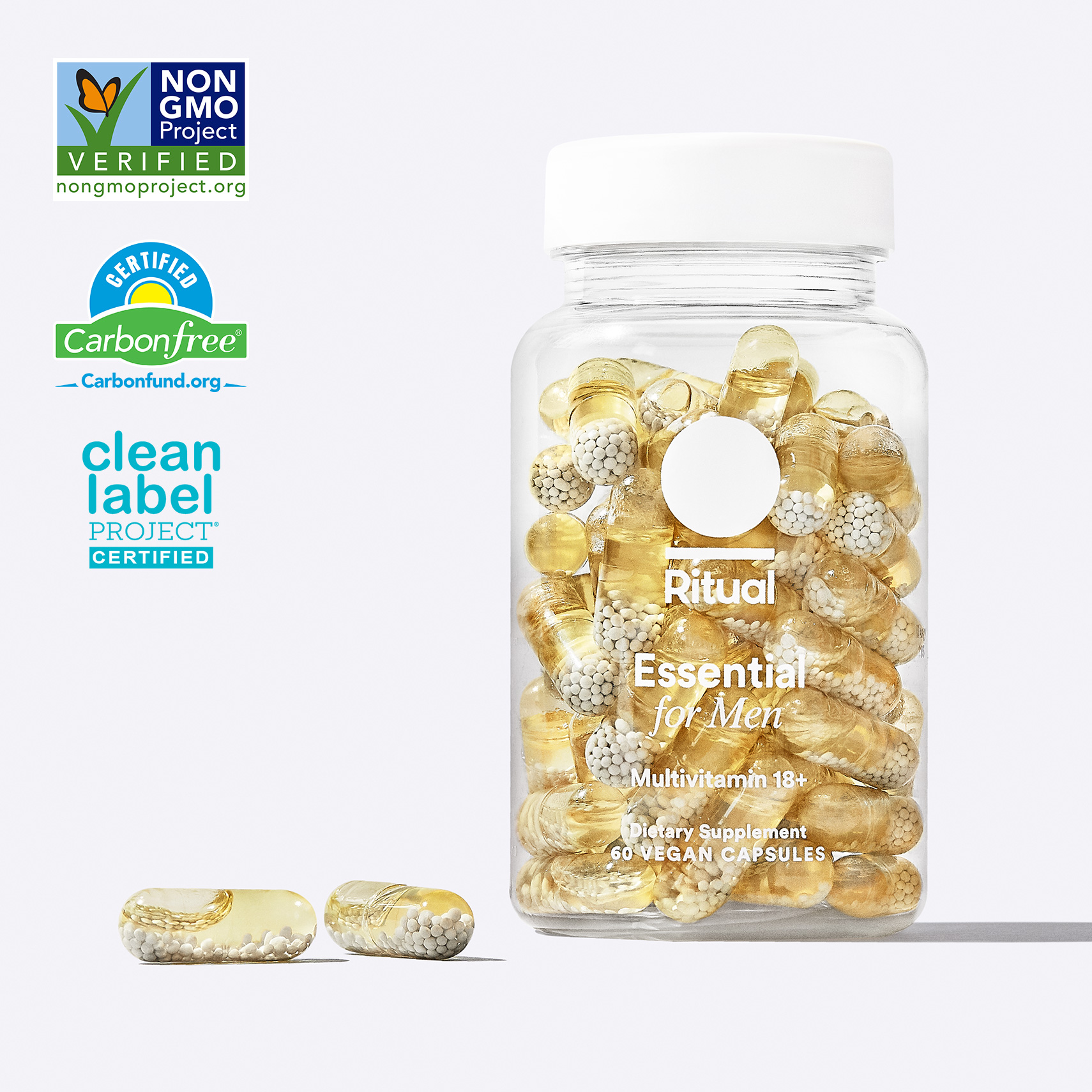 Essential for Men Bottle with Non GMO Verified, Certified Carbon Free, and Clean Label Project Certified Badges.