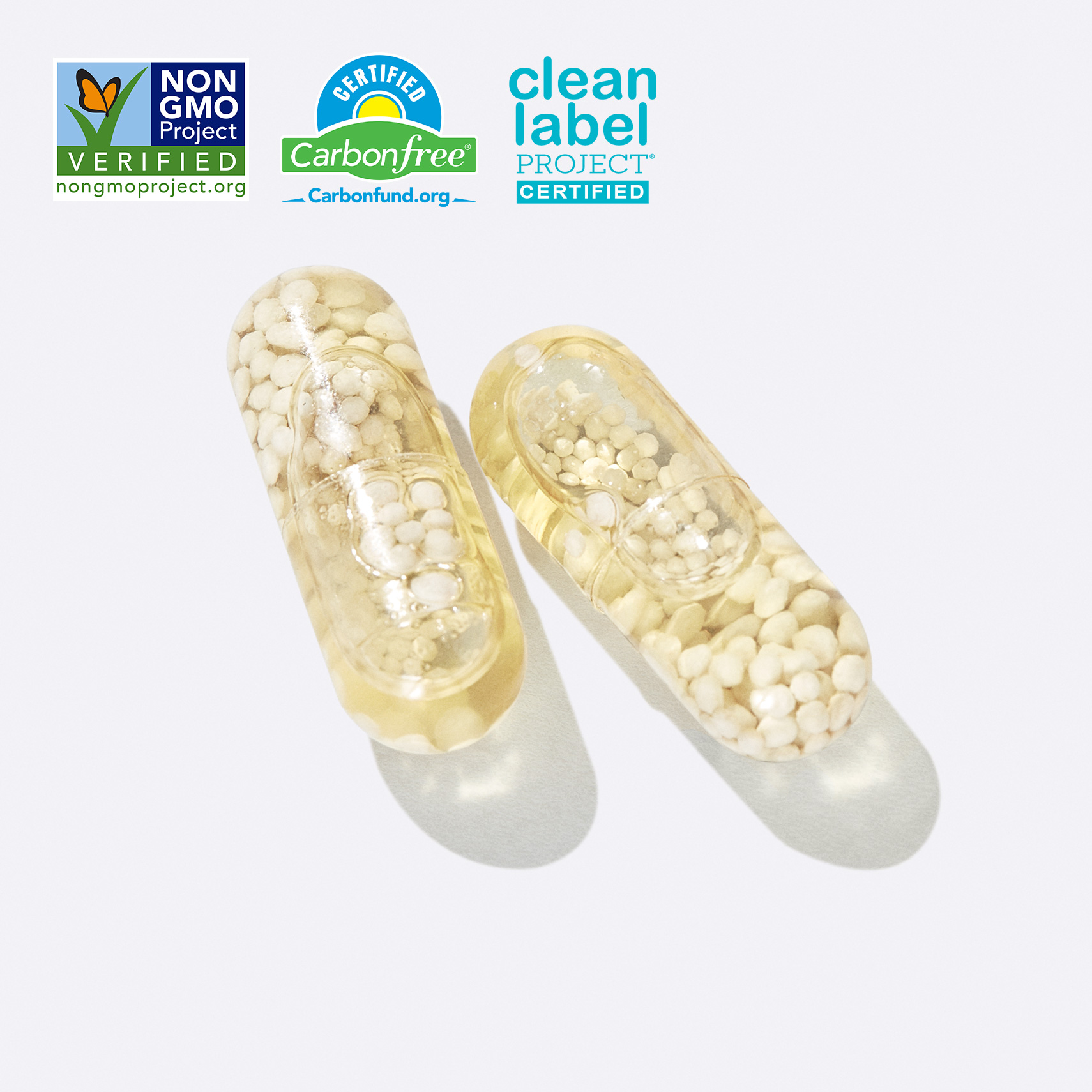 Clear capsules with Non GMO Verified, Certified Carbon Free, and Clean Label Project Certified Badges.
