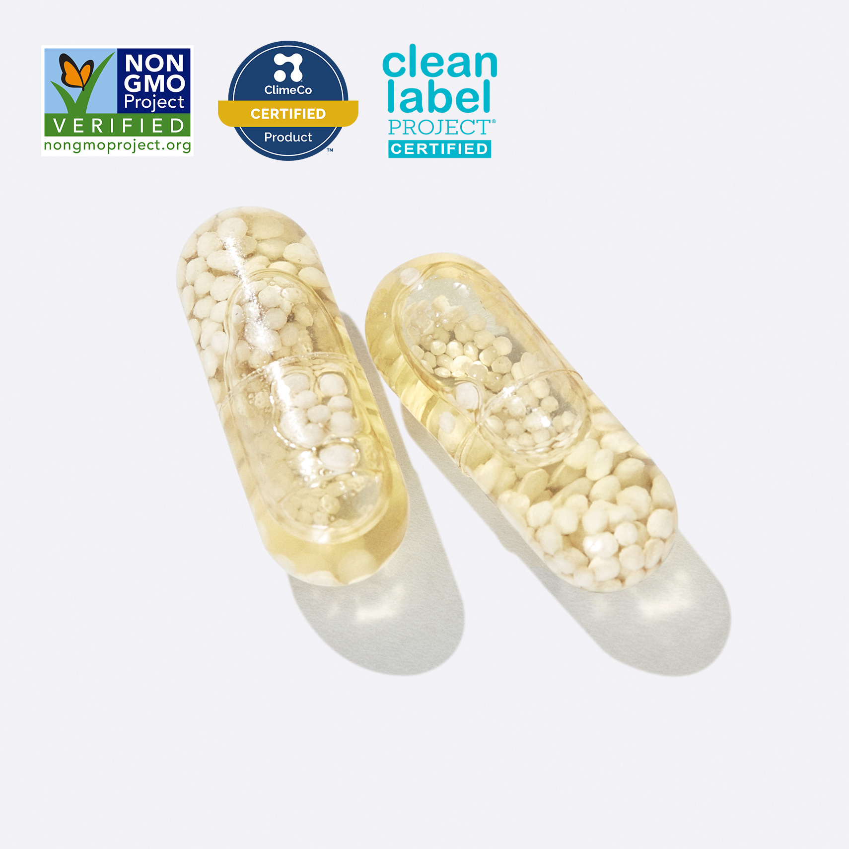 Clear capsules with Non GMO Verified, ClimeCo Certified, and Clean Label Project Certified Badges.