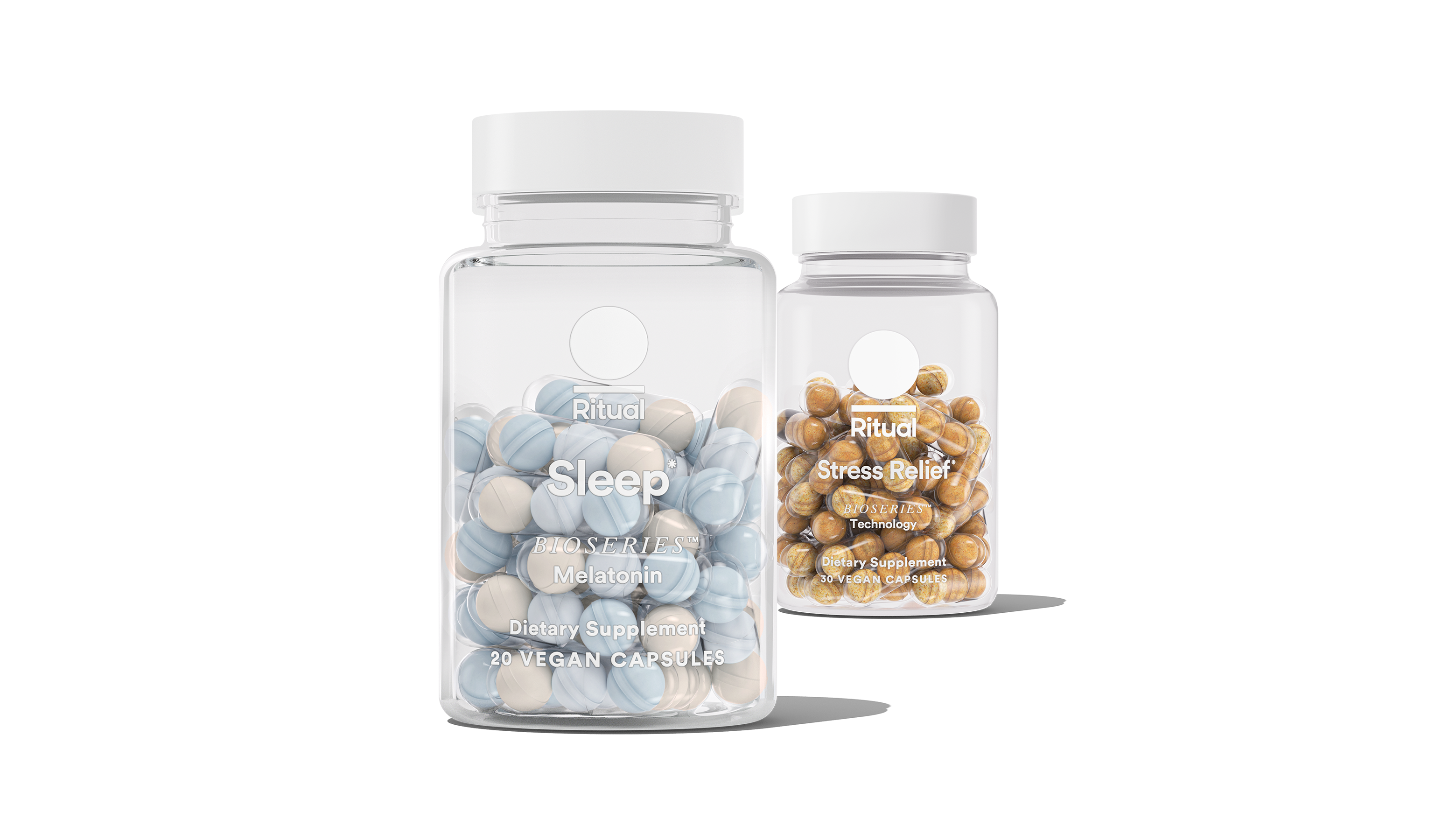 Bottles of Stress Relief and BioSeries™ Melatonin on a transparent background. 