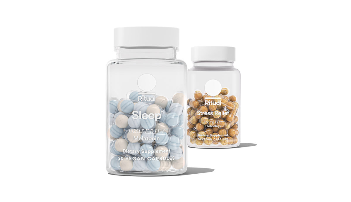 Bottles of Stress Relief and BioSeries™ Melatonin on a transparent background.