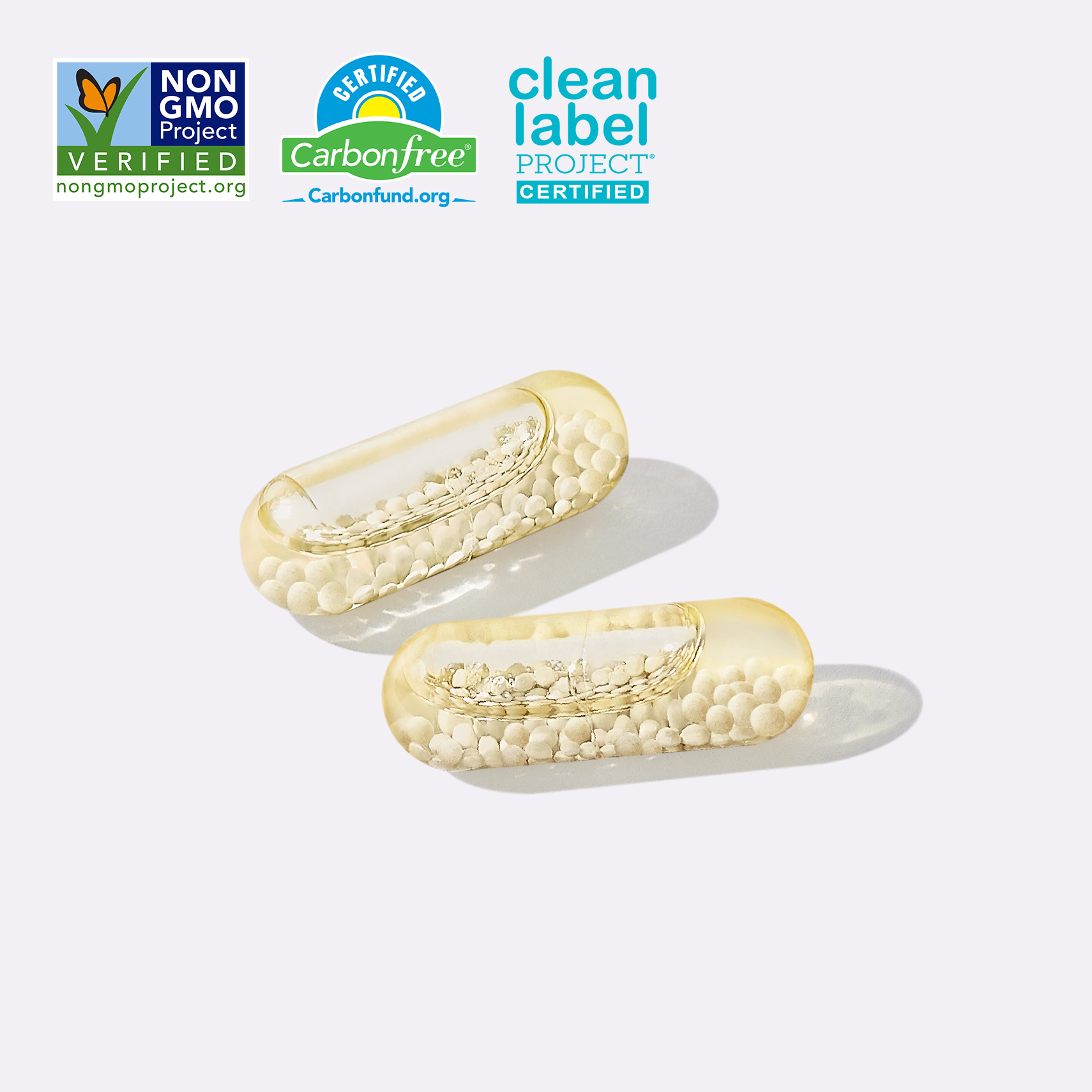 Clear capsules w/ Non GMO Verified, Certified Carbon Free, and Clean Label Project Certified Badges