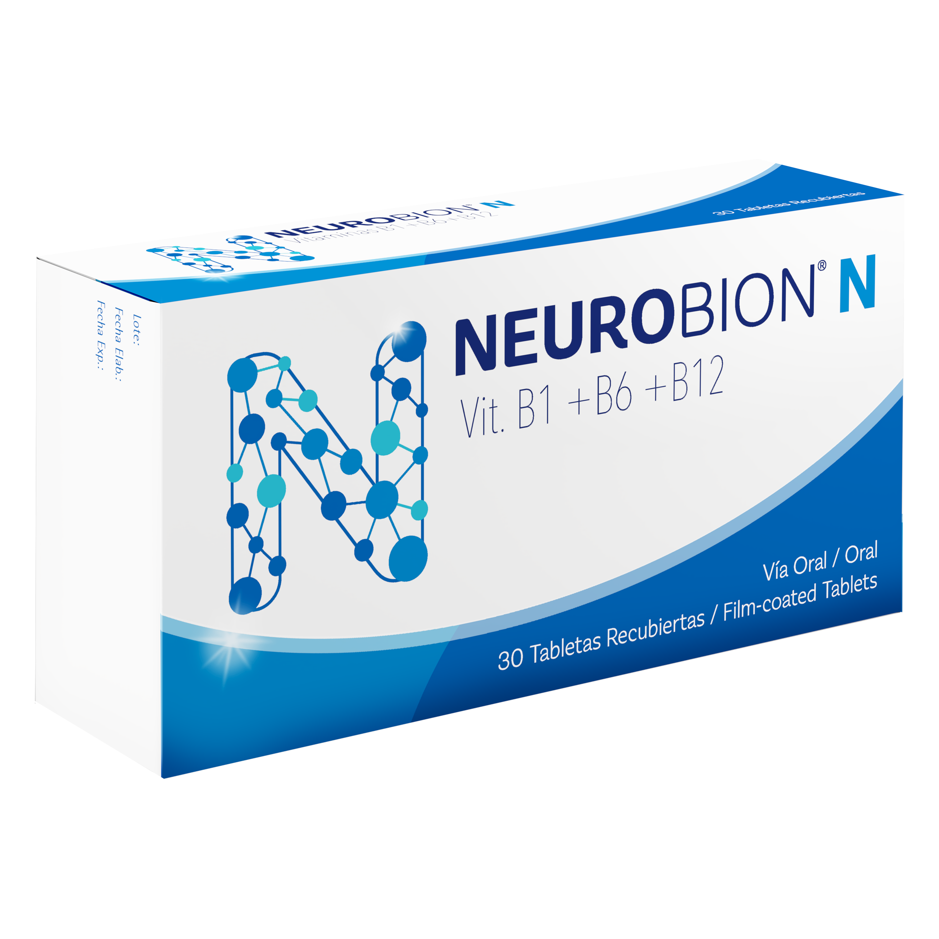Paquete de Neurobion N con 30 tabletas recubiertas de B1, B6 y B12.