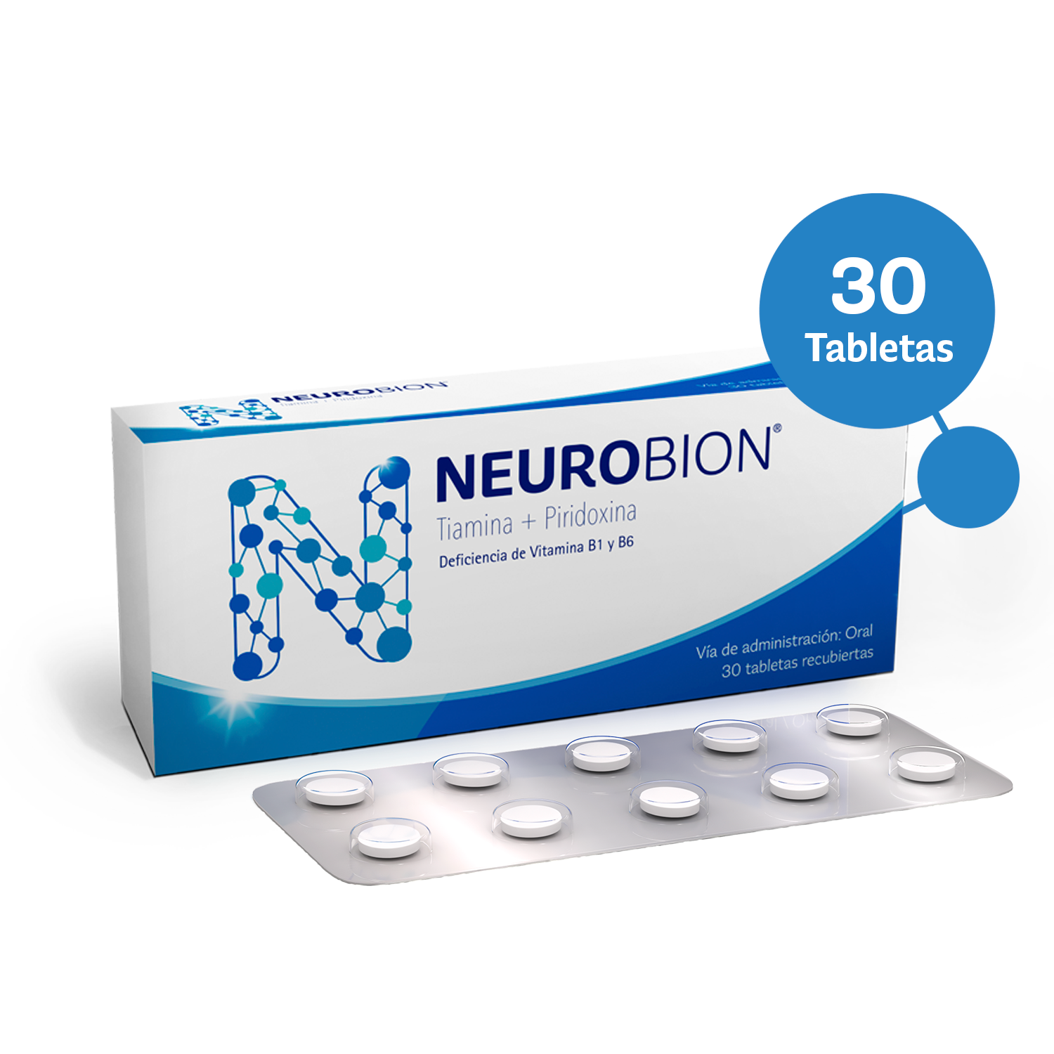 Caja de Neurobion con 30 tabletas para la deficiencia de vitamina B1 y B6.