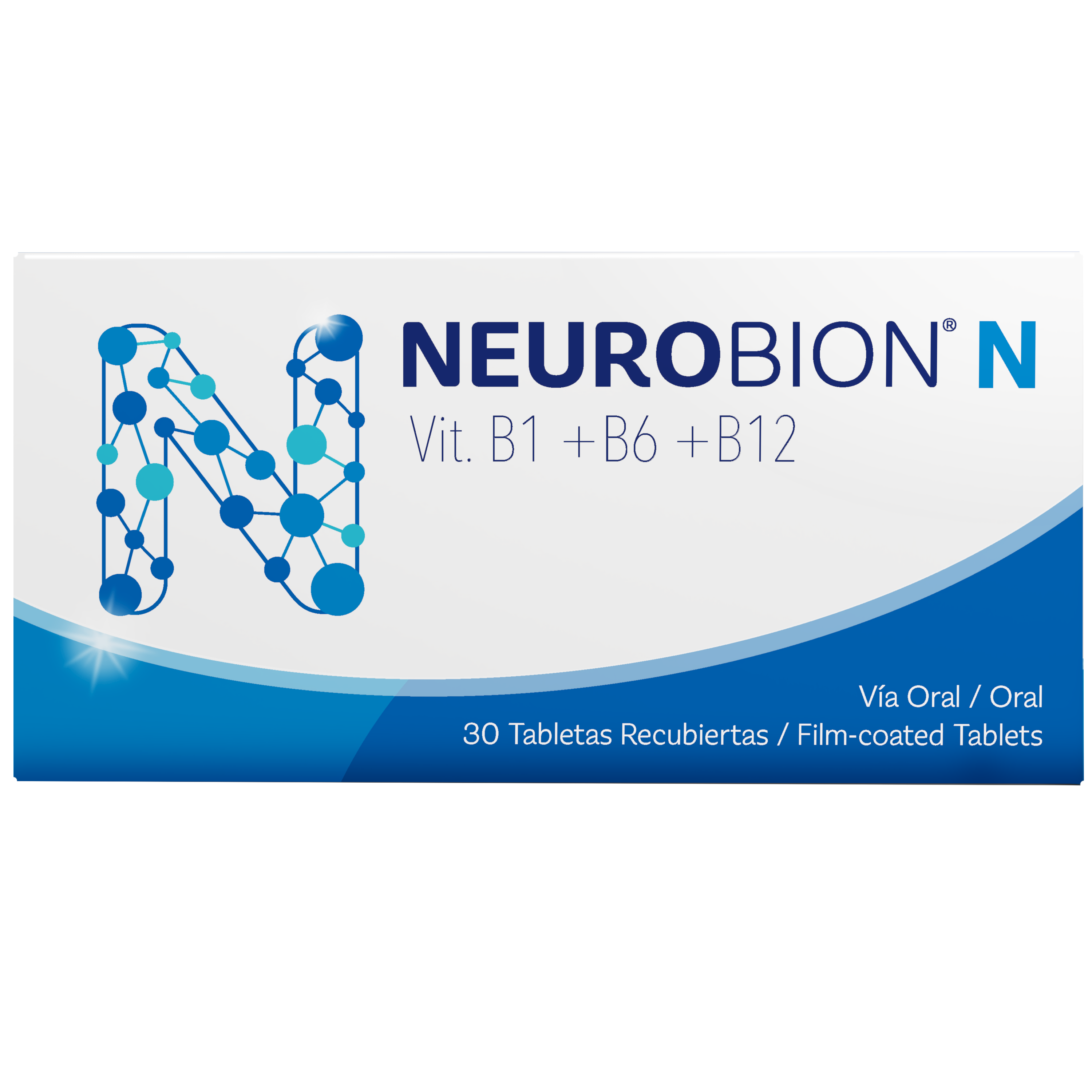 Caja de Neurobion N con 30 tabletas que contienen vitaminas B1, B6 y B12.