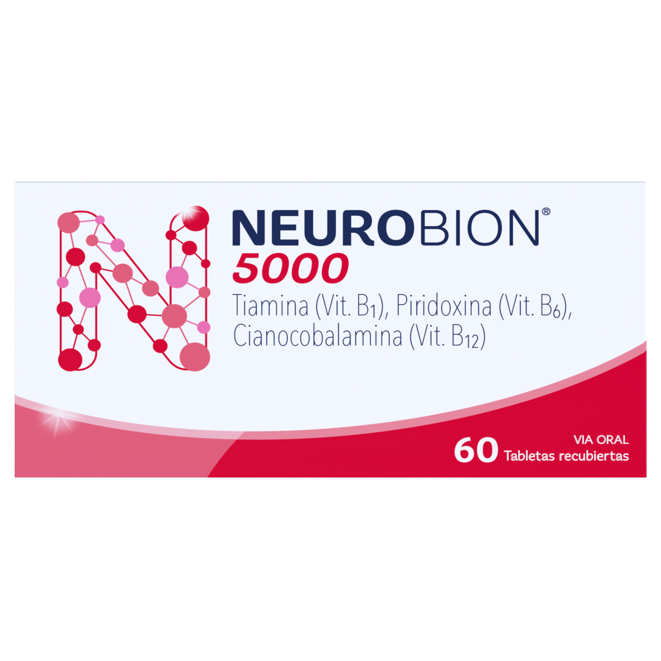 Paquete de Neurobion 5000, que contiene 60 tabletas recubiertas con vitaminas B1, B6 y B12.