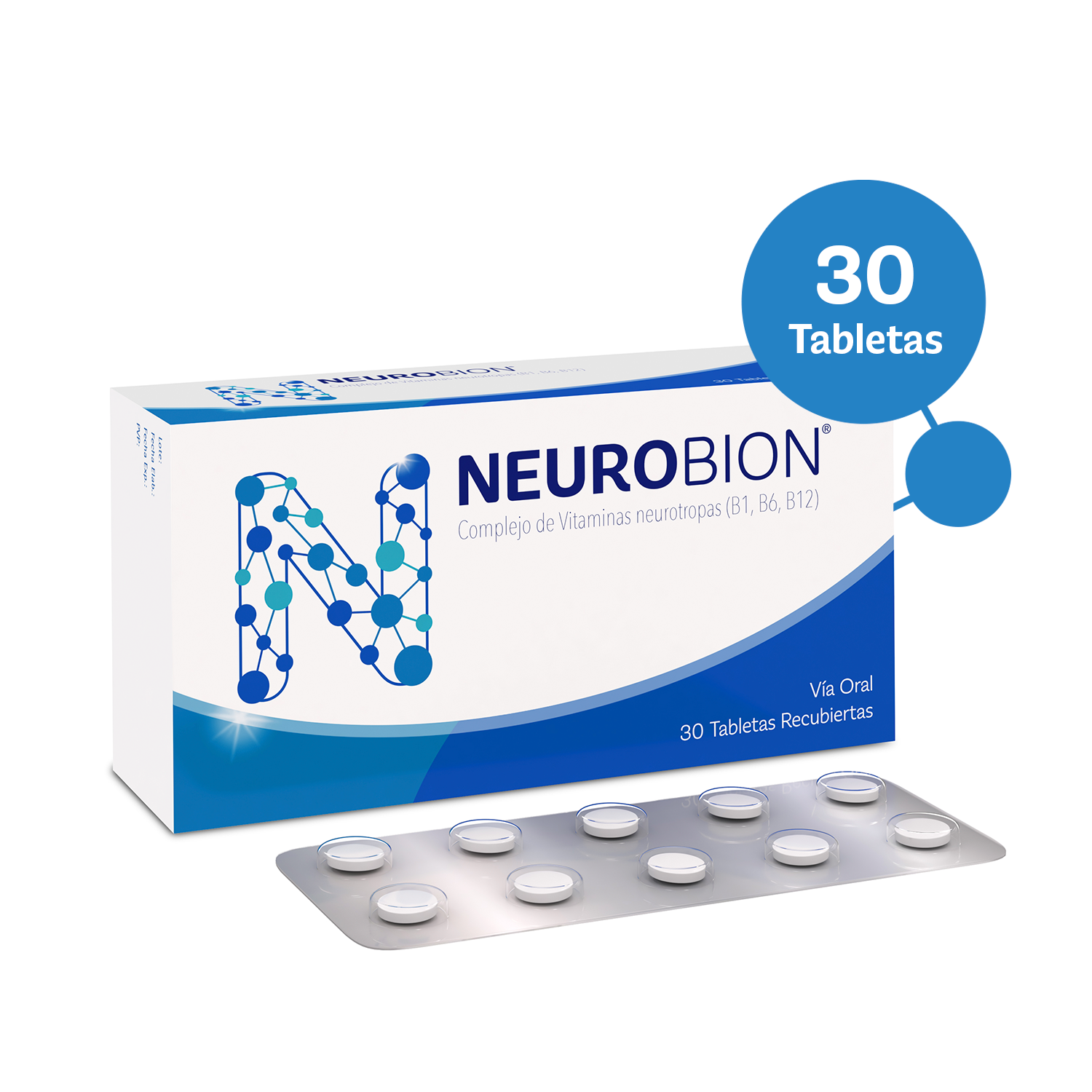 Tabletas de Neurobion con vitamina B1, B6 y B12 – 30 tabletas por paquete.