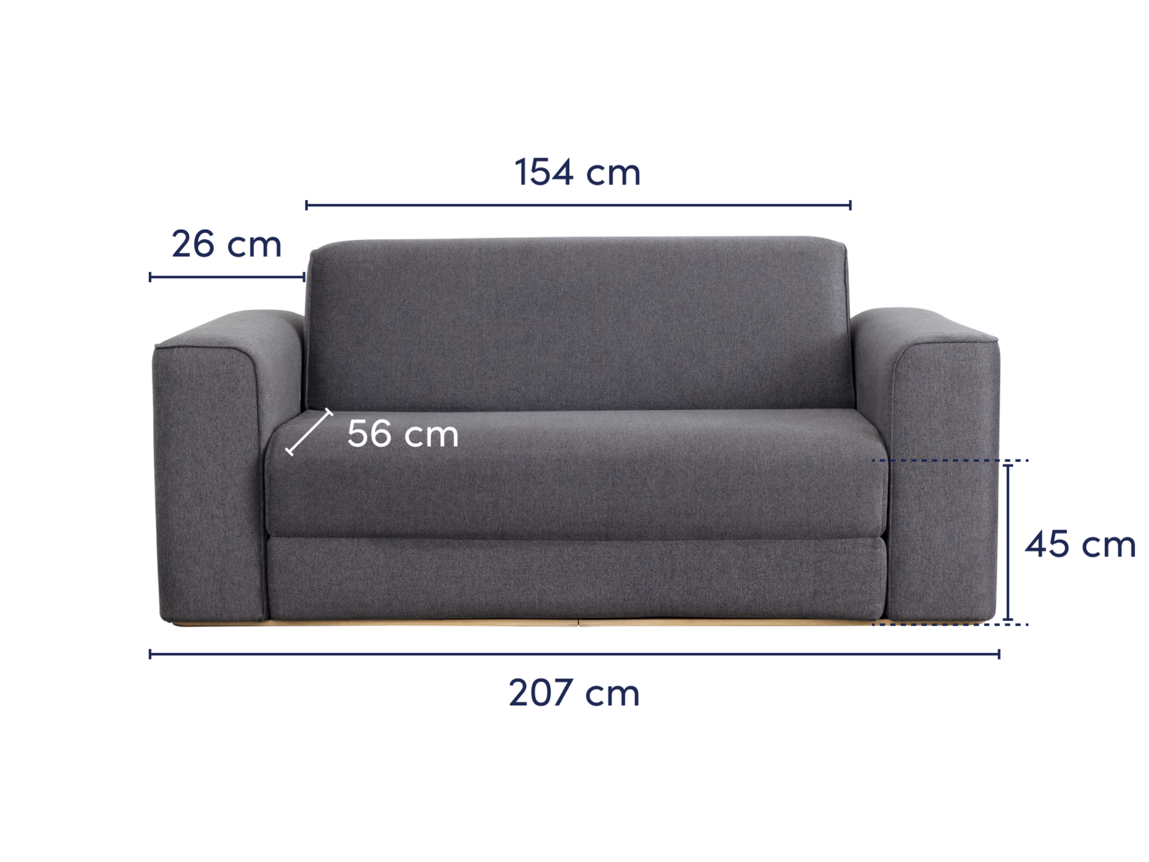 JP > Dimensions > Koala Sofa Bed > Wide Double > front > dark grey