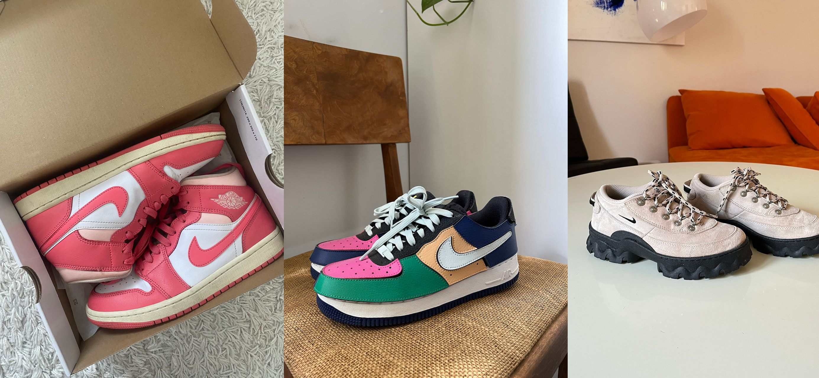 A collage of three pairs of sneakers: pink and white high-tops in a box, colorful low-tops on a chair, and beige sneakers with thick black soles on a table.