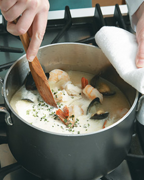 Add the cream at the very end and simmer the chowder briefly, just to reheat the liquid.