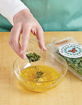 With flavor that’s a cross between thyme and mint, summer savory gives the vinaigrette unique flavor.