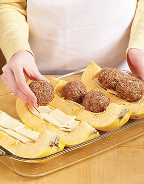Fill the squash with the provolone first so the meatballs stay in place and have something to stick to. 