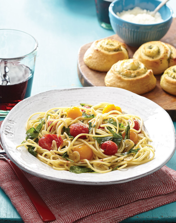 Roasted Grape Tomato & Garlic Spaghetti with Fresh Arugula