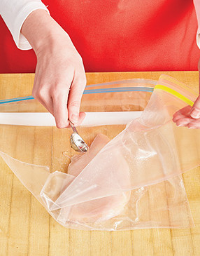 To keep from shredding the meat, pound it in a resealable plastic bag with a teaspoon of water inside. 