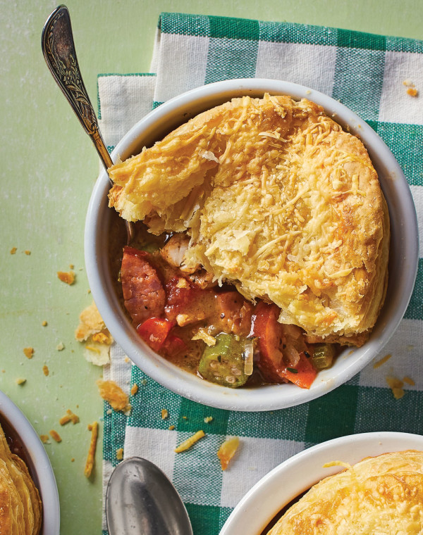 Chicken Gumbo “Pot Pie” with puff pastry rounds