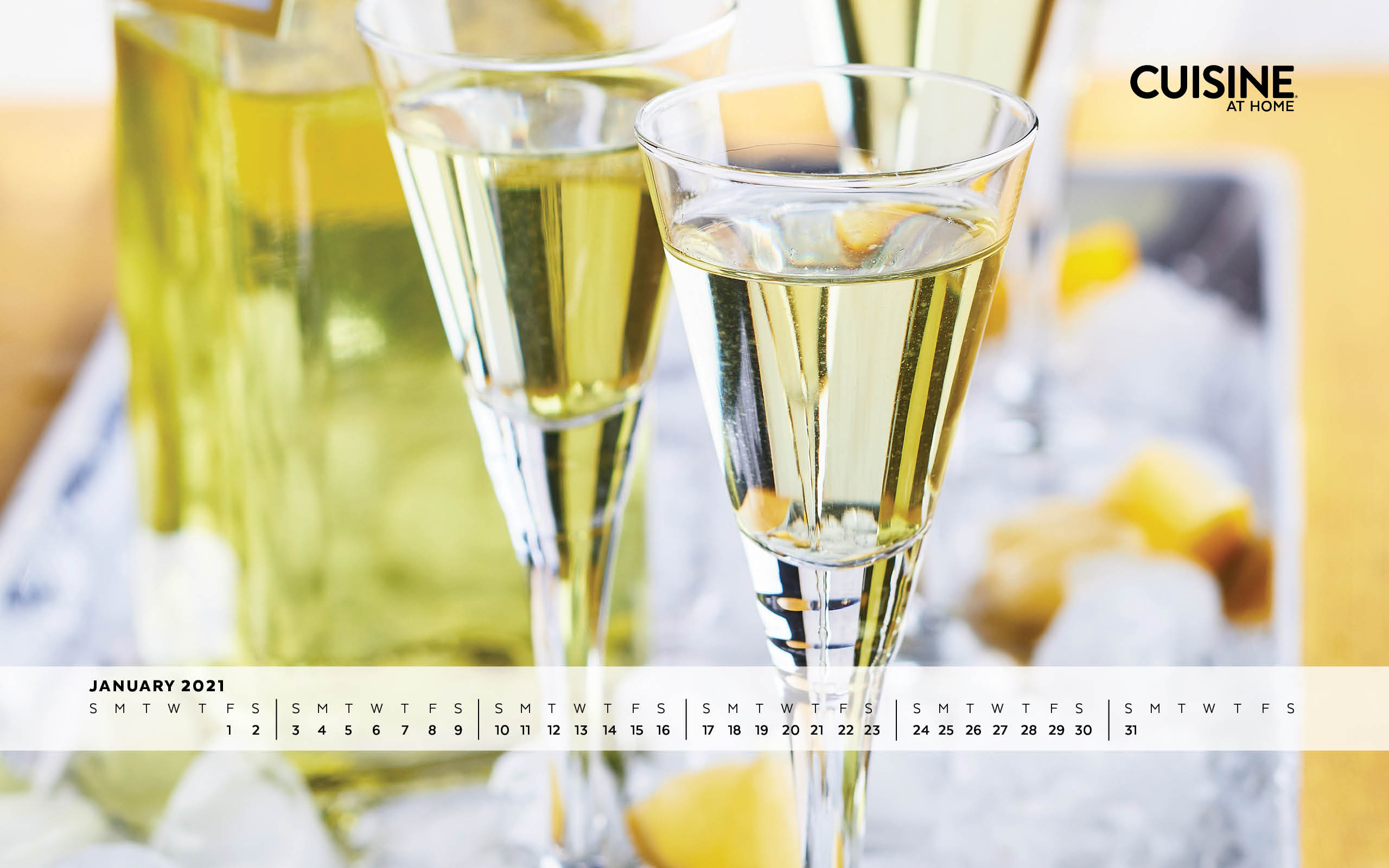 January New Years champagne desktop wallpaper aesthetic with calendar from Cuisine at Home