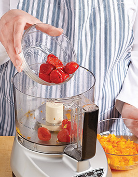 To prevent the peppers from becoming mushy, pulse them separately in a food processor.