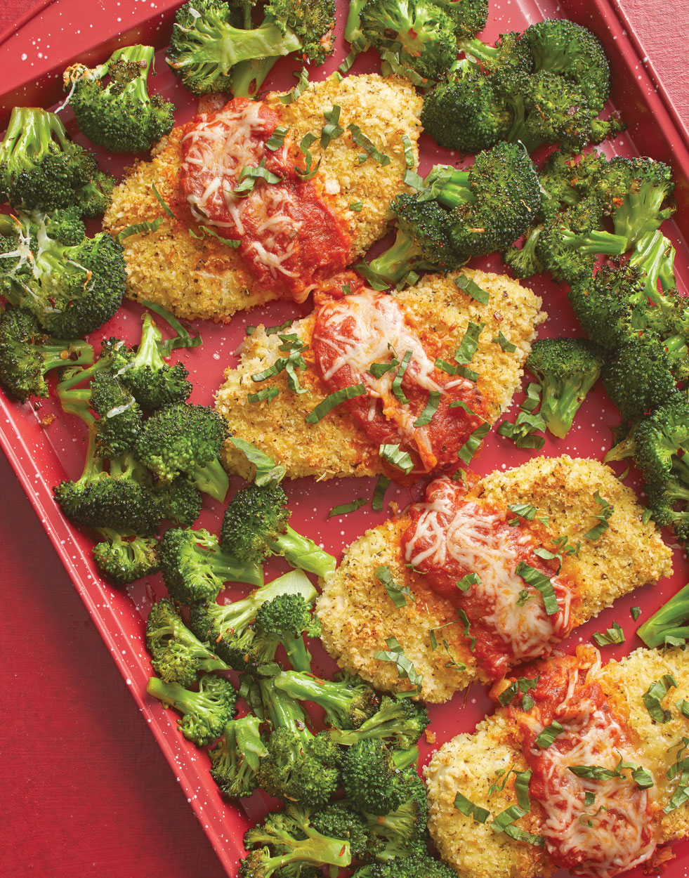 Sheet Pan Chicken Parmesan with broccoli florets
