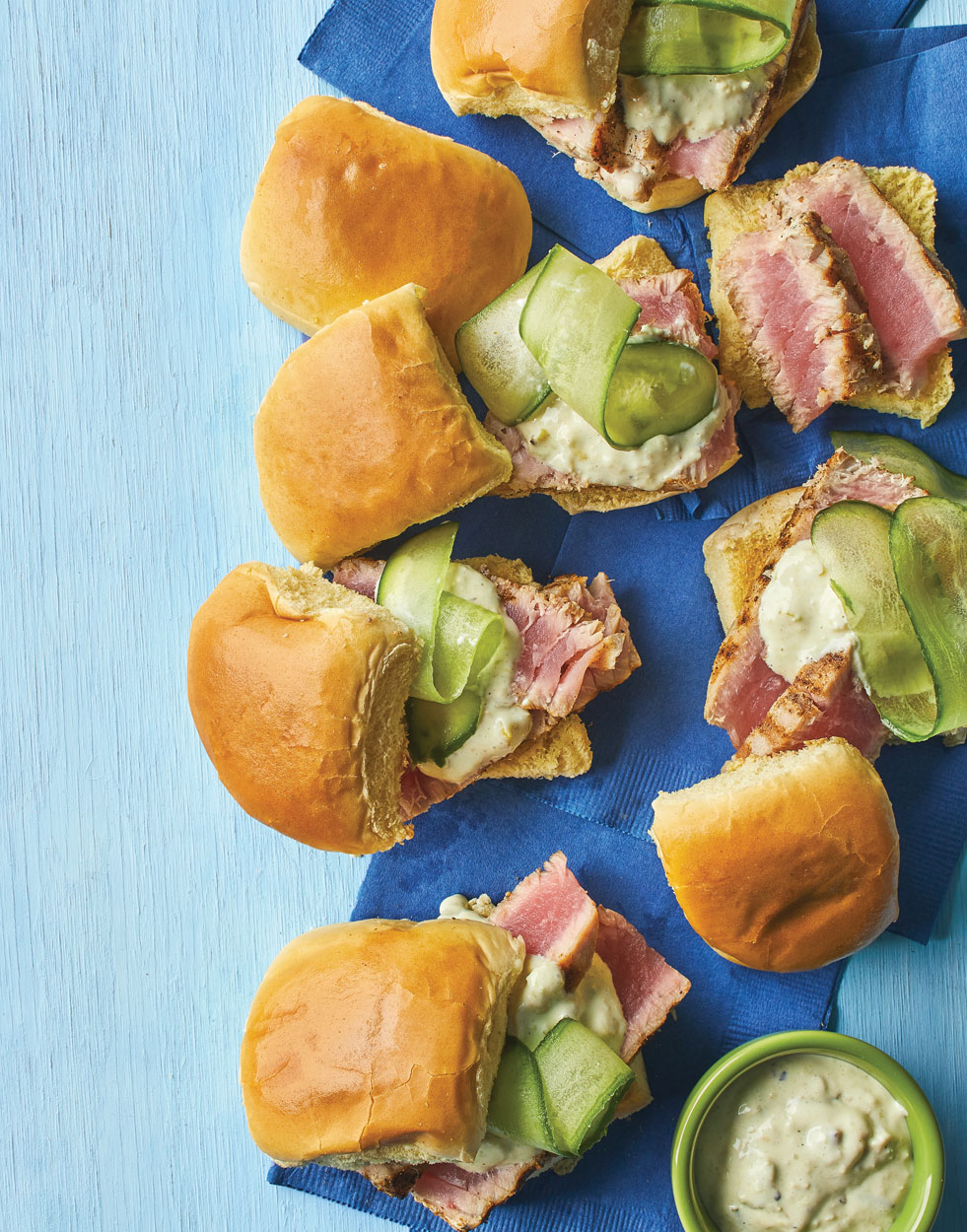 Grilled Tuna Sandwiches with charred scallion-wasabi mayonnaise