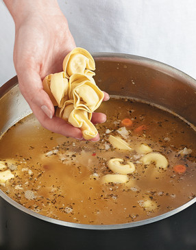 Because tortellini absorb a lot of the broth, add them to the soup toward the end of cooking.