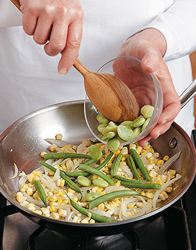 If your green beans are large, cut them in half and cook a minute or two before adding the other beans.