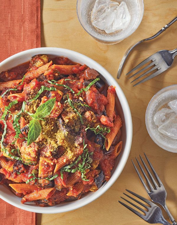 Vegan Penne alla Norma with miso & dulse