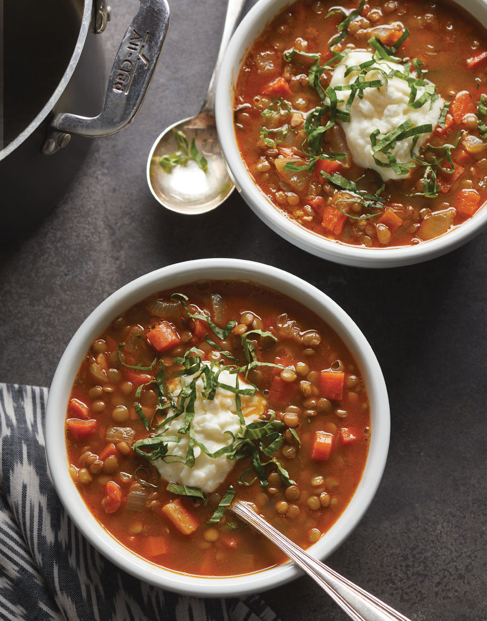 Lentil Soup with burrata & basil