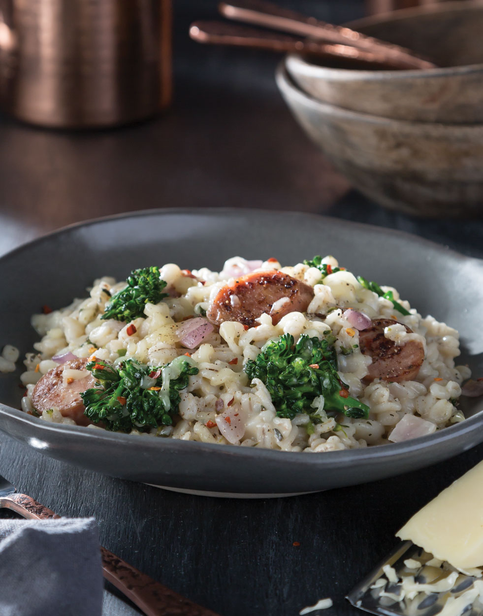 Chicken-Apple Sausage, Broccolini, and Barley Bake