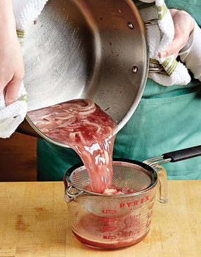 To determine if wine is reduced enough, strain it and solids through a sieve set over a measuring cup.