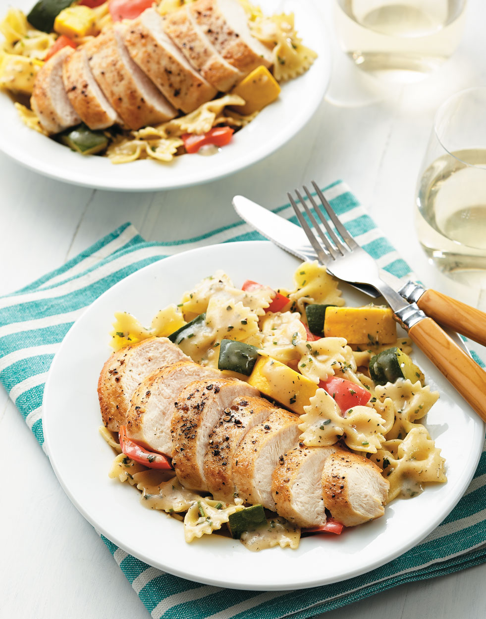 Chicken Primavera with Lemon-Chive Farfalle