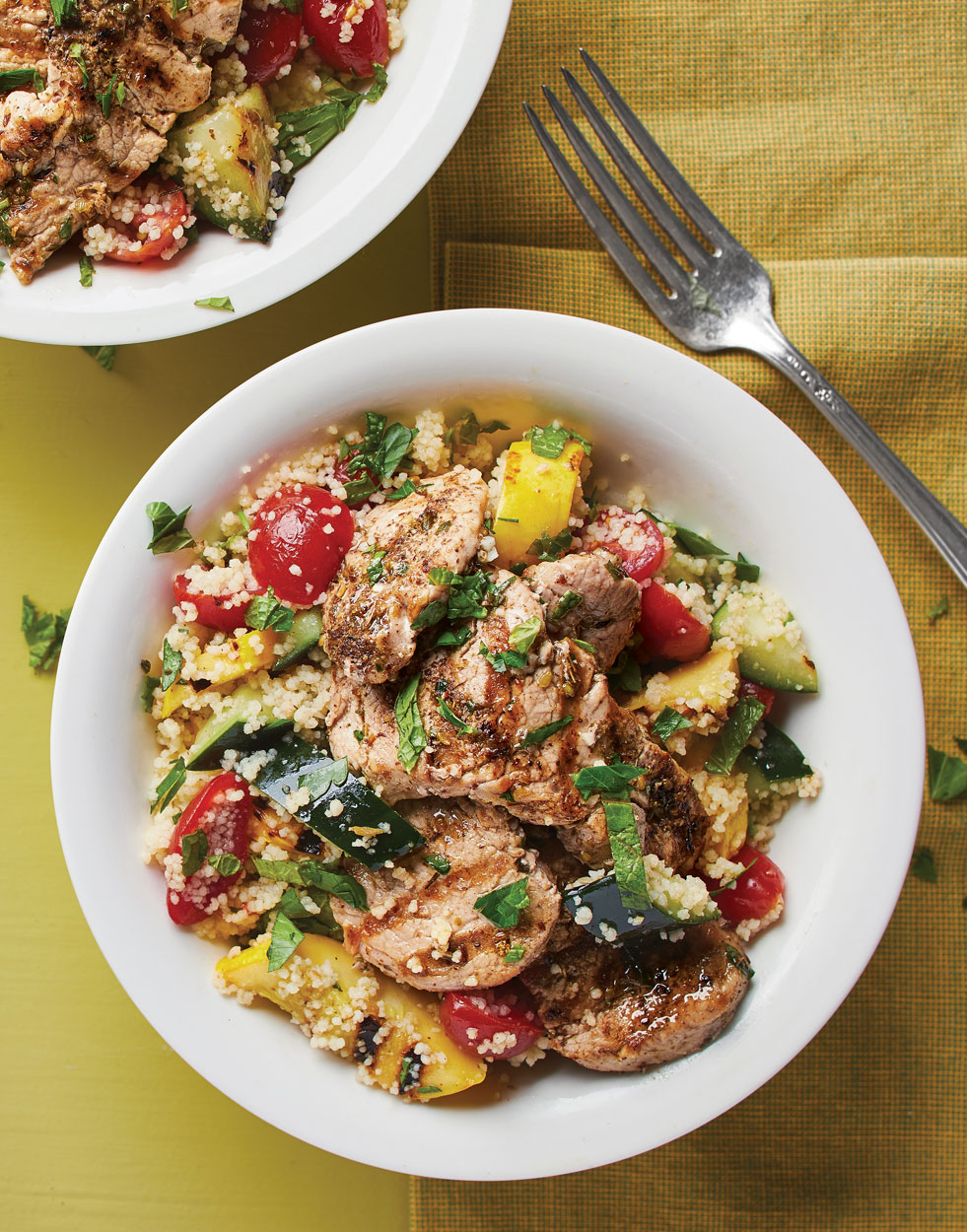 Mediterranean Pork Bowls with grilled summer vegetables