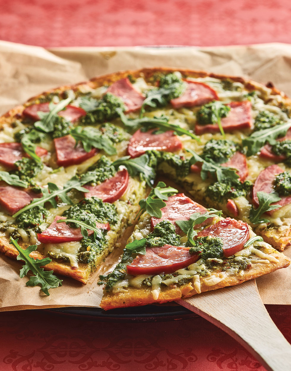 Arugula Salsa Verde Pizza with Canadian Bacon