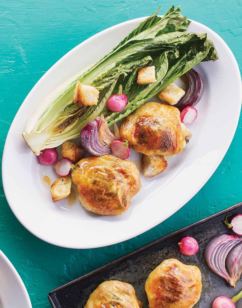 Sheet Pan Chicken Thighs with charred salad