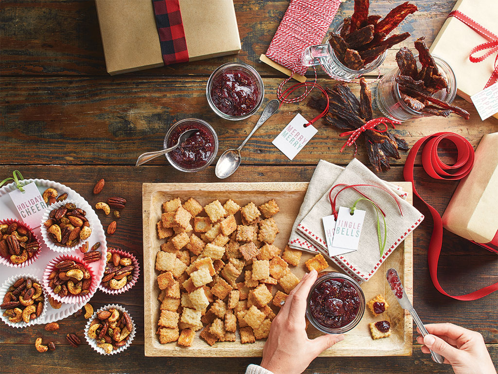 5 Food Gifts to Make & Give This Christmas — Savory Spiced Nuts, Fig & Red Wine Jam, Bulgogi Beef Jerky, Mini Cheese Crackers, and salty-sweet Snowed-In Snack Mix