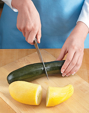 Slice the zucchini and yellow squash crosswise, then slice the needed portions lengthwise.