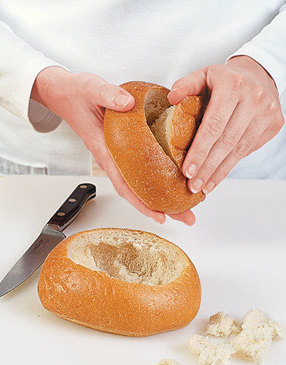 For the best bowls, hollow out the loaves as much as possible without tearing the bottom or sides.