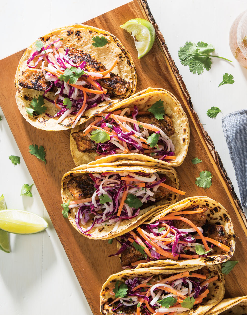 Blackened Redfish Tacos with Creamy Jicama Slaw