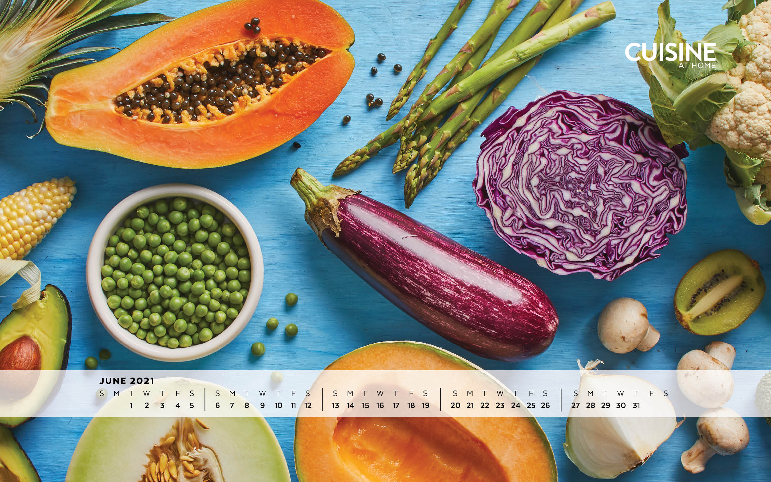 Free Desktop Wallpaper with calendar - June 2021 - Cuisine at Home - Summer aesthetic food fruits and vegetables colorful cooking eggplant papaya