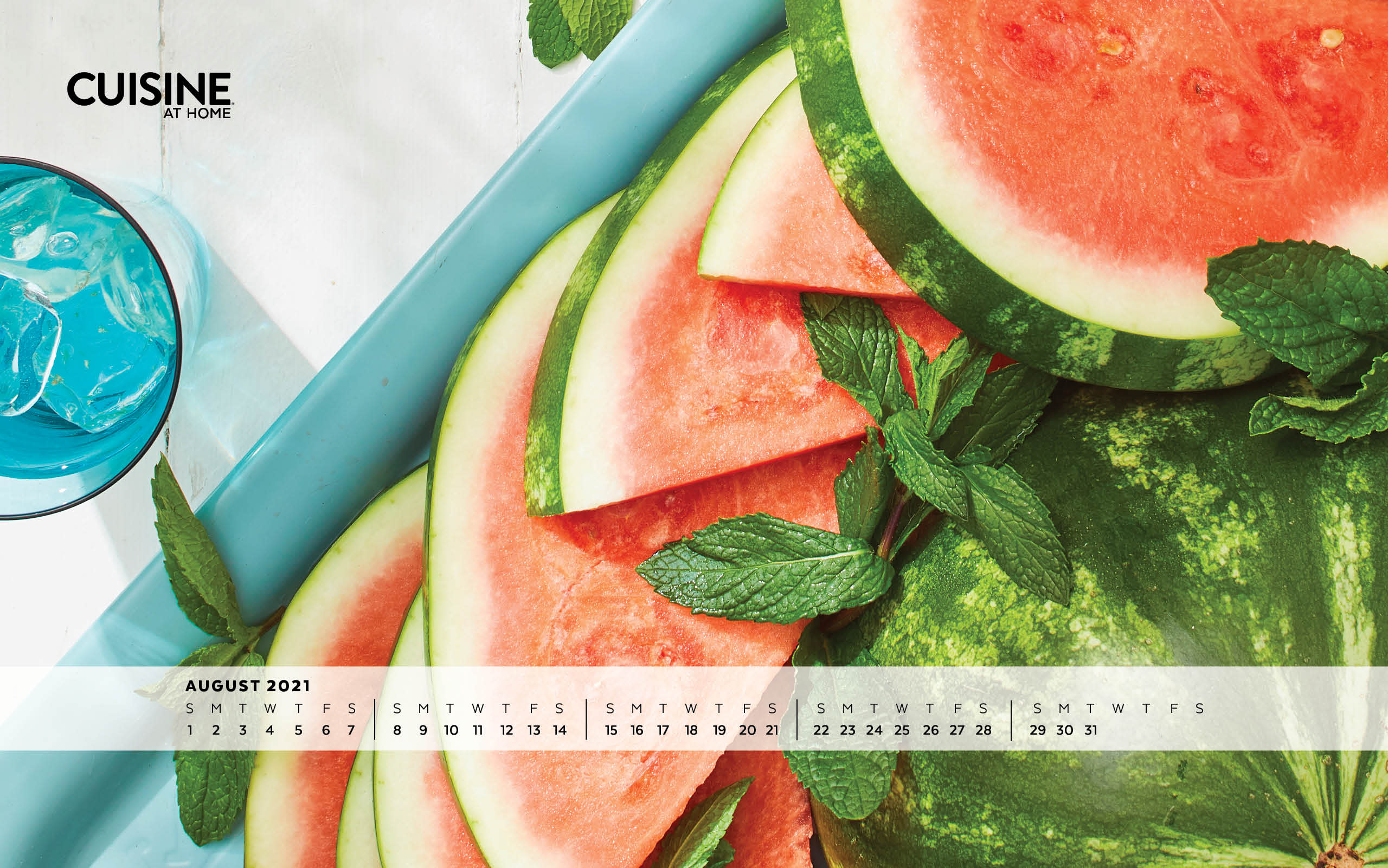 Free Desktop Wallpaper with calendar - August 2021 - Cuisine at Home - Summer aesthetic food cooking - Watermelon - Windows Apple