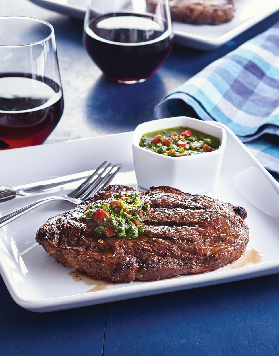 Planked Rib-Eye Steaks with Pebre Sauce