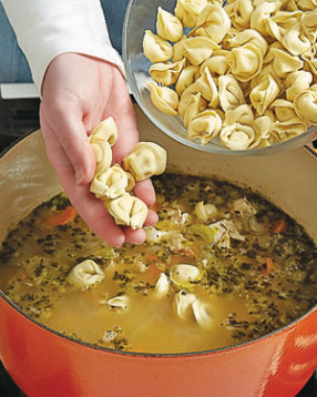 The tortellini will absorb a lot of the broth, so cook it in the soup just before you plan to serve it.