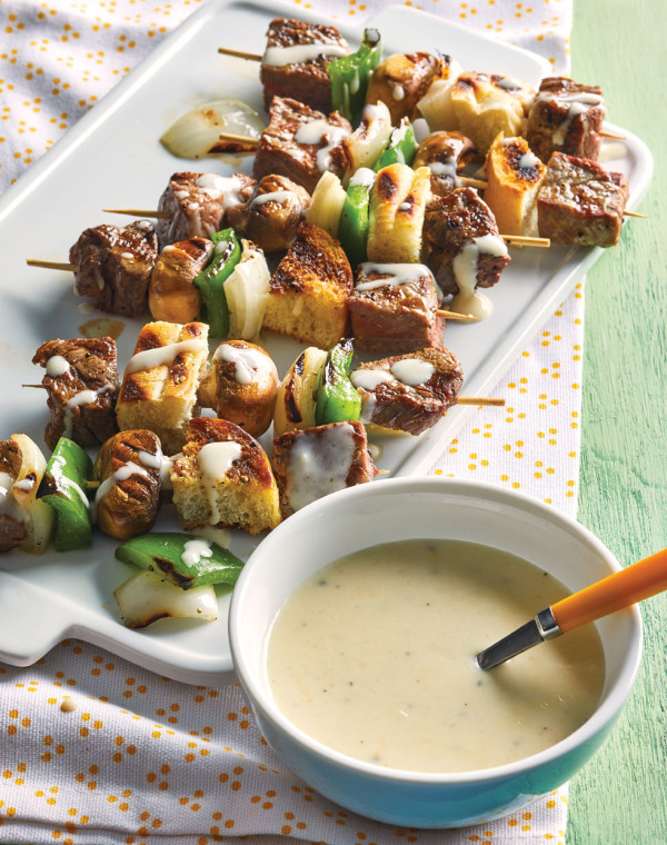 Philly Cheese Steak Skewers with provolone sauce